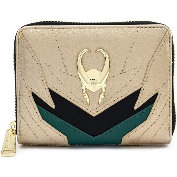 Marvel Loki Classic Cosplay Faux Leather Zip Around Wallet with All-Over Helmet